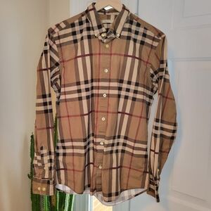 Burberry Tan Black White Plaid Button-Up Dress Shirt